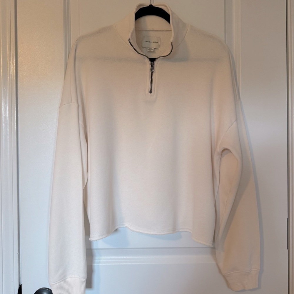 American Eagle Outfitters Cream Quarter-Zip Small Sweatshirt